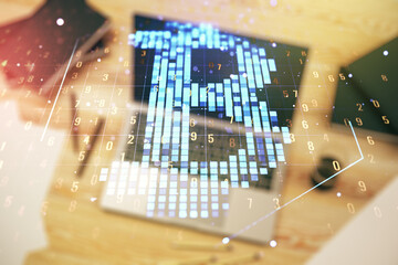 Poster - Creative Bitcoin concept with modern computer background. Double exposure