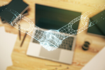 Poster - Creative concept of blockchain technology with handshake on modern laptop background. digital money transfers and decentralization concept. Multiexposure