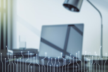 Poster - Creative concept of microscheme illustration on modern laptop background. Big data and database concept. Multiexposure