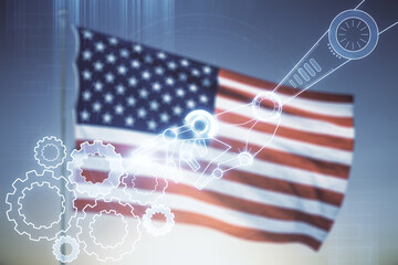 Aufkleber - Abstract virtual robotics technology hologram on USA flag and sunset sky background. Robot development and automation concept. Multiexposure