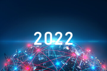 Poster - new year 2022 and modern city with wireless network connection and city scape concept.wireless netwo