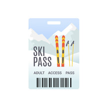 Ski pass template with barcode. Mountain landscape background with ski and ski sticks. Flat style 