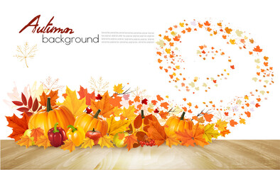 Aufkleber - Nature autumn background. Happy Thanksgiving holiday card with fresh vegetables and colorful leaves. Vector.
