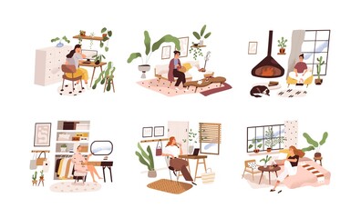 Poster - Happy women relax and work at home in modern room interiors. Lifestyle scenes set with females stay in cozy comfortable apartments. Colored flat vector illustration isolated on white background