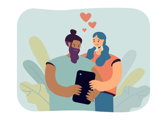 Poster - Online romantic dating of love partners. Couple of man and woman holding smartphone together on date flat vector illustration. Flirt, dating app concept for banner, website design or landing web page