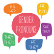 Gender Definition Pronouns speech bubbles: he, him, she, her, they, them. Shy Enby’s Guide for Cis Trans People. Vector illustration for banner, poster, sticker, t-shirt, website page advertisement.