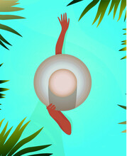 Digital Illustration Of A Girl On Vacation In The Pool In A Hat Top View Surrounded By Greenery And Palm Trees