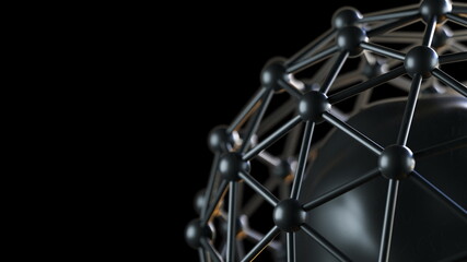 Poster - Molecular 3d render of structure of nucleus. Network of both protons and neutrons circling around circular microscopic sphere. Synthesis of nuclear reactions and decay processes.
