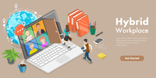 3D Isometric Flat Vector Conceptual Illustration Of Hybrid Workplace, Teleworking And Business Teamwork