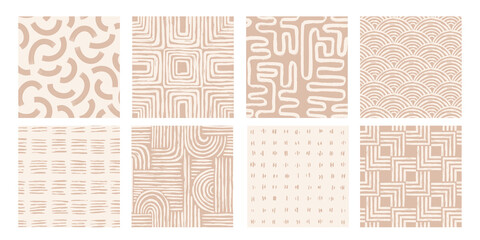 Set seamless pattern with abstract line brush stroke shapes and line in nude colors.