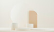 © Hihiland - Minimal scene with podium and abstract background. Pastel beige and white colors scene. Trendy 3d render for social media banners, promotion, cosmetic product show. Geometric shapes interior.