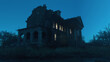 Ominous dilapidated and abandoned mansion with illuminated interior lighting at dusk. 3D rendering.