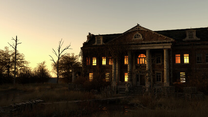 Ominous dilapidated and abandoned mansion with illuminated interior lighting at dusk. 3D rendering.