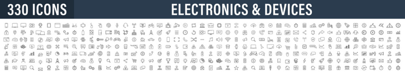 Fototapete - Set of 330 Technology and Electronics and Devices web icons in line style. Device, phone, laptop, communication, smartphone, ecommerce. Vector illustration.