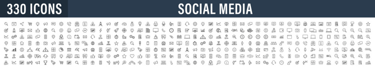 Wall Mural - Set of 330 Social Media and Web icons in line style. Data analytics, Digital marketing, Management, Message, Phone. Vector illustration.