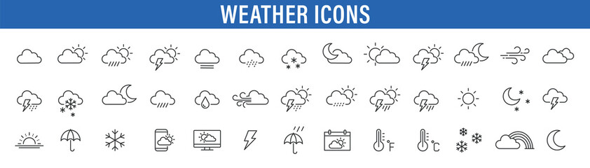 Set of 40 weather web icons in line style. Weather , clouds, sunny day, moon, snowflakes, wind, sun day. Vector illustration.