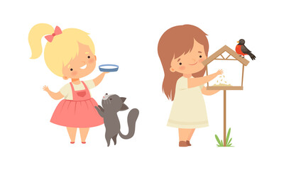 Sticker - Cute Little Girl Interacting with Animal in Petting Zoo Vector Set