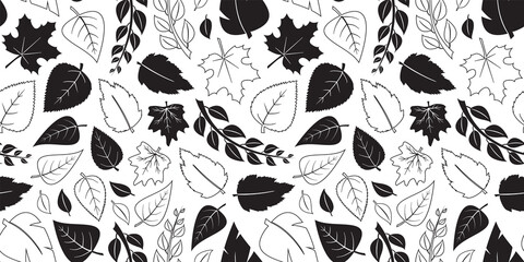 autumn leaves vector seamless pattern, fall black flat and outline design. nature background. simple