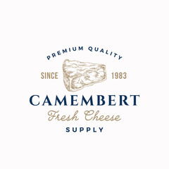 Wall Mural - camembert abstract vector sign, symbol or logo template. hand drawn sketch cheese piece with retro t