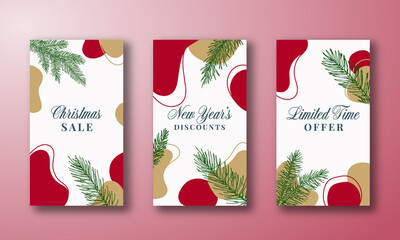 Wall Mural - Christmas and New Year Trendy Editable Templates Set. Abstract Shapes and Hand Drawn Pine Spruce Branches for Social Networks Stories. Social Media Holidays Greetings Cards or Banners Collection