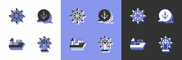 Wall Mural - Set Ship steering wheel, Cargo ship and Anchor icon. Vector