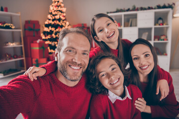 Poster - Photo of good relationship family hug do selfie wear red sweaters x-mas holiday tree indoors house