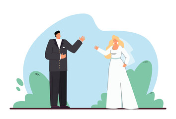 Wall Mural - Cartoon bride and groom getting married. Man in tuxedo and woman in wedding dress flat vector illustration. Love, relationship, romance, marriage concept for banner, website design or landing web page