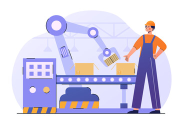 Poster - Factory industrial worker. Smart system, semiautomatic conveyor. Apparatus adjuster at factory. Packing goods in boxes, transportation. Cartoon flat vector illustration isolated on white background