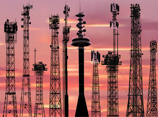 Wall Mural - set of ten antenna silhouettes on sunset background