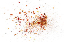 Crushed Red Cayenne Pepper, Dried Chili Flakes And Seeds Pile Isolated On White Background, Top View