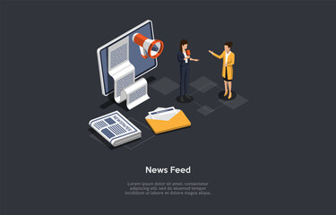 Vector Illustration. Cartoon 3D Style. Isometric composition. Conceptual Design. News Feed. Two Characters. People Talking. Computer Screen With Paper On Screen, Loudspeaker, Newspapers Lying Around.