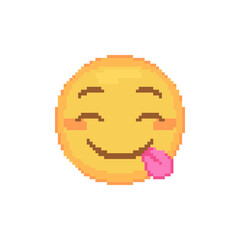 Poster - Pixel art hungry goofy emoticon. Retro pixel emoji of savoring food yellow face. Cute cartoon kawaii vector social media icon with tongue. 8 bit style emoji yellow smile.
