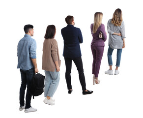 People waiting in queue on white background, back view