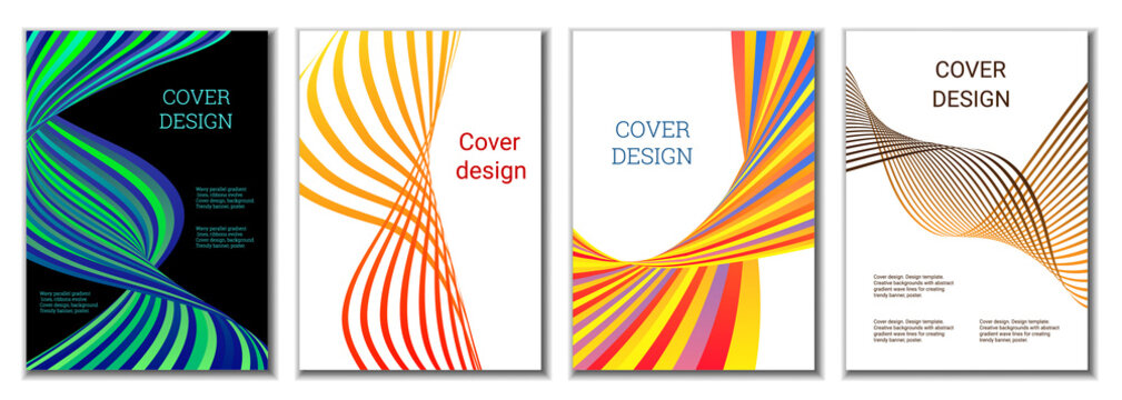 A set of 4 abstract covers. Wavy parallel gradient lines, ribbons evolve. Cover design, background. Trendy banner, poster.