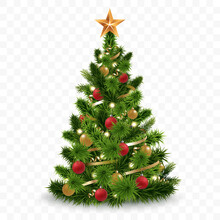 Vector Christmas Tree Isolated On Transparent Background. Beautiful Shining Christmas Tree With Decorations - Balls, Garlands, Bulbs, Tinsel And A Golden Star At The Top. Realistic Style. Eps 10