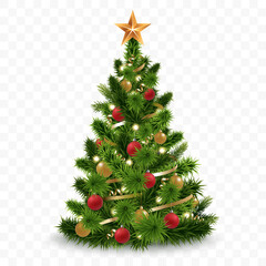 vector christmas tree isolated on transparent background. beautiful shining christmas tree with deco