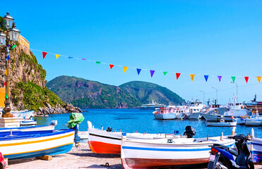 Wall Mural - Marina Corta Harbour in Lipari Island, Sicily, Italy