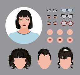 Wall Mural - Set of woman face with short haircut. Character Creation. Eye, mouth, nose, eyebrows, glasses and hairstyles.