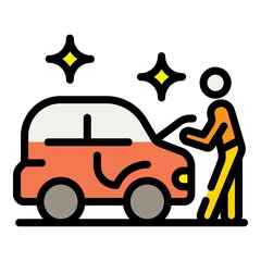 Poster - Man take car after repair icon. Outline man take car after repair vector icon color flat isolated