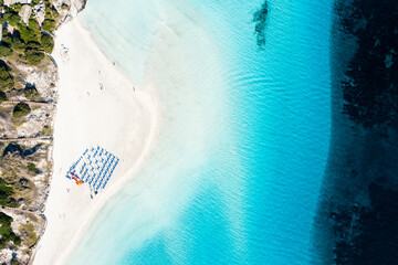 Sticker - View from above, stunning aerial view of La Pelosa Beach, a white sand beach bathed by a turquoise, crystal clear water. Spiaggia La Pelosa, Stintino, north-west Sardinia, Italy.