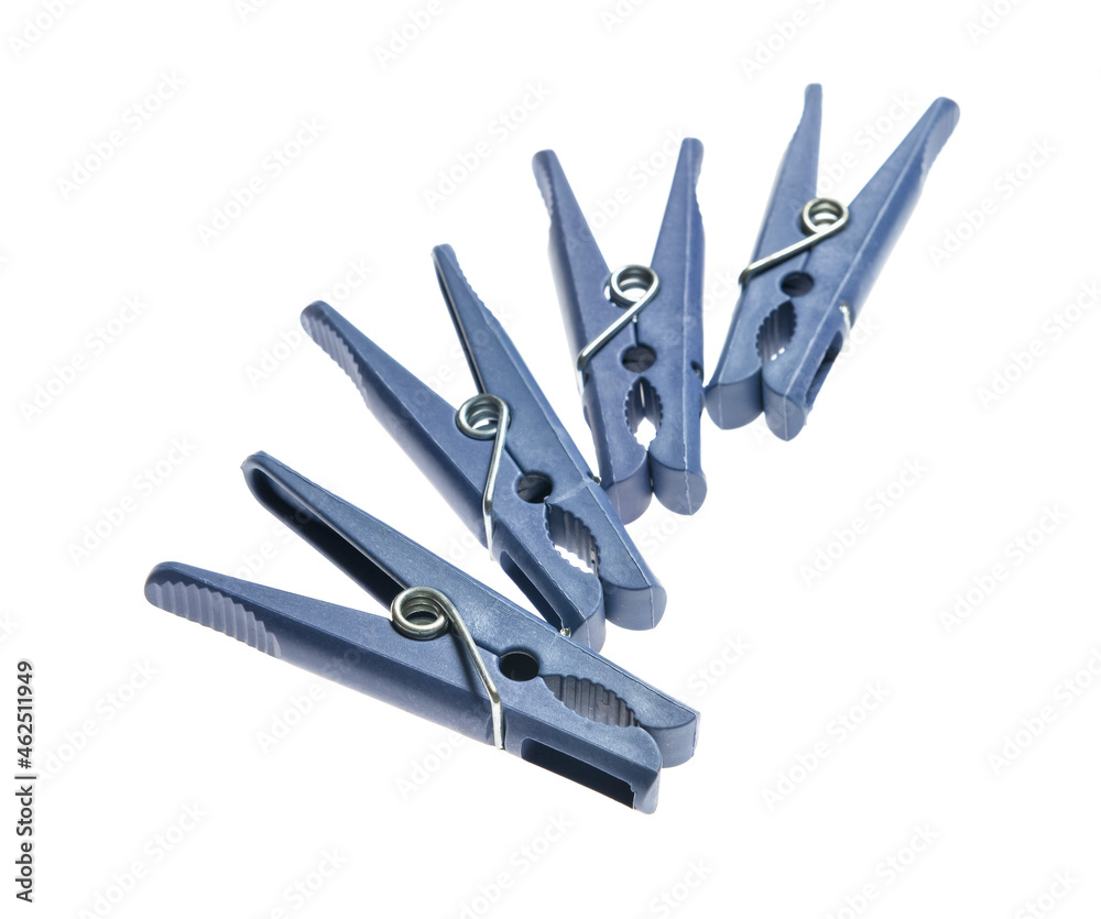 Blue clothespins isolated on white background