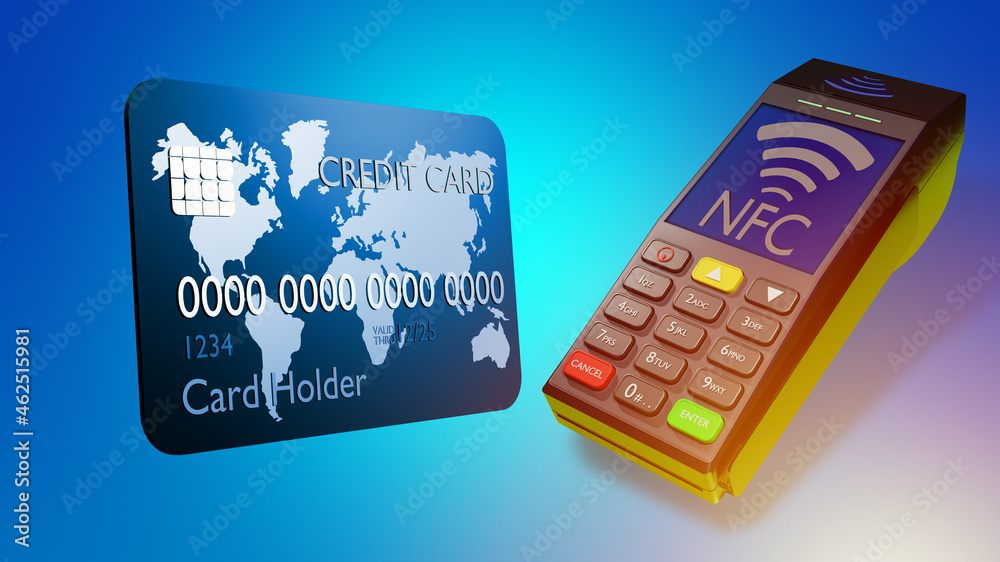 POS-terminal and credit card. Payment terminal with the NFC logo. Near ...