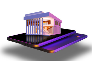 Poster - house mock-up on smartphone screen. real estate catalog in phone. rent and purchase of offices. offi