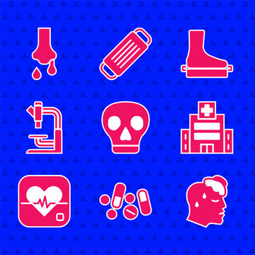 Set Skull, Medicine pill or tablet, High human body temperature, Medical hospital building, Heart rate, Microscope, Flat foot and Runny nose icon. Vector
