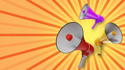 Wall Mural - Three megaphones on yellow background. Loudspeakers of different colors. Devices for sound advertising and promotion. Bullhorns for ads. Advertising on social networks. Place for text. 3d image