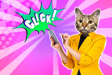 Poster - Cat with a tablet. The cat clicks on the tablet screen. A modern collage. A woman with a cat head. Click logo. Magazine collage with a fictional character. Animal in the yellow jacket.