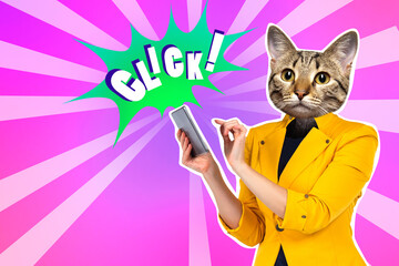 Poster - The cat uses an electronic gadget. The metaphor is a smart cat. A woman with the head of an animal. A modern collage. A person with a cat head. A bright picture for a magazine.