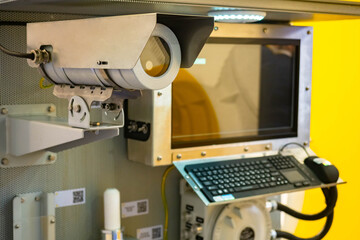 Poster - microchip production factory. technological process of pcb manufacturing. equipment of the radio-ele
