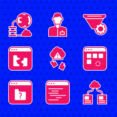 Poster - Set Cloud hacking, Software, technology data transfer, Loading window, File missing, Broken file, Filter setting and Network cloud connection icon. Vector