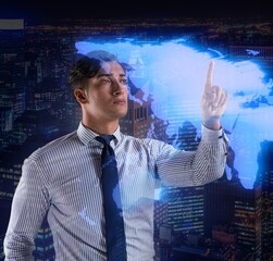 Wall Mural - Businessman pressing virtual buttons in global business concept